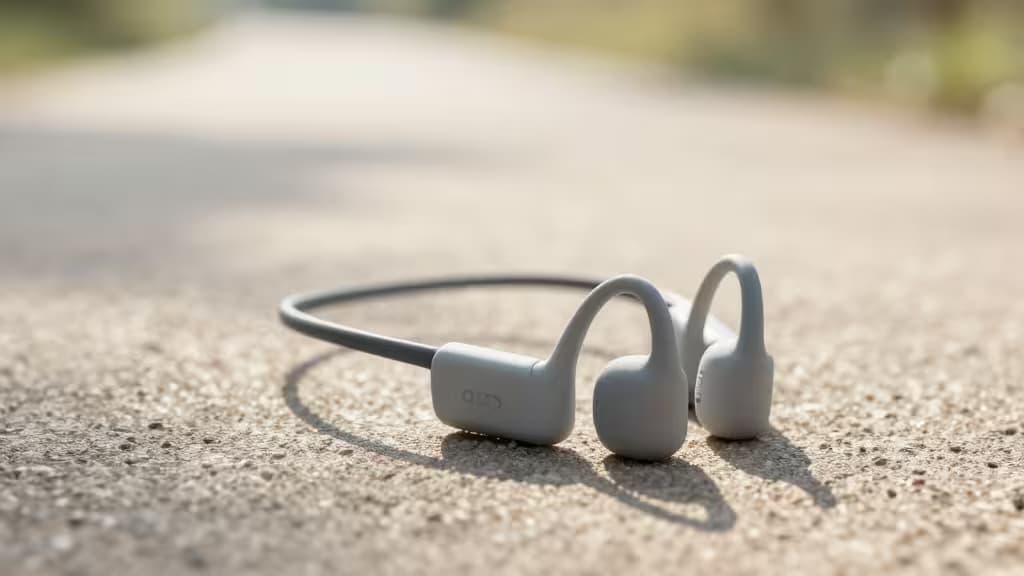 Grey bone conduction headphones rest on textured pavement, their open-ear design ensuring trail runners hear ambient sounds for safety.