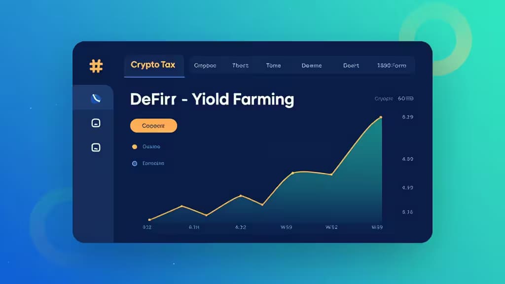 A sleek dashboard interface displays a rising yield farming chart with crypto tax navigation tabs.