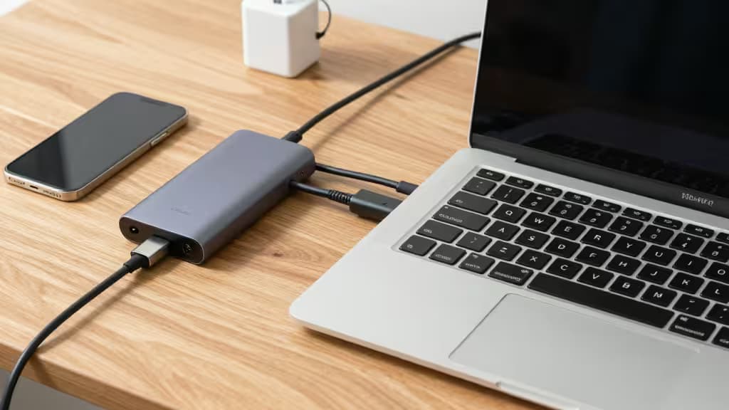 Sleek aluminum USB-C hub connects MacBook Air, phone, and charger on wood desk.