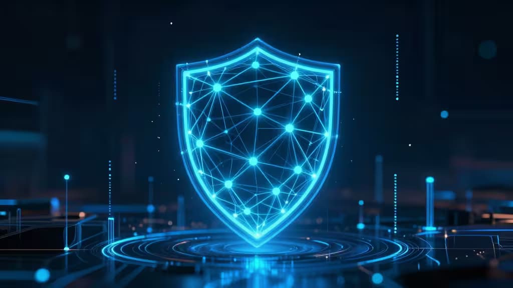 A glowing blue neural network shield hovers above a digital platform, symbolizing AI-powered cybersecurity defense.