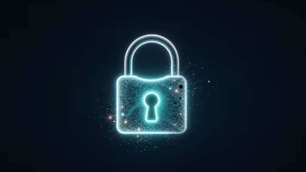 Abstract glowing padlock dissolving into particles on a dark navy background, representing digital security and password protection.
