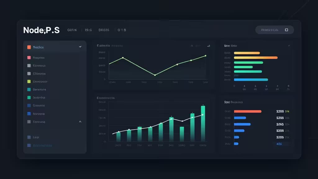 Dashboard oscuro con gráficos de rendimiento y métricas de Node.js, representando herramientas de monitoreo asequibles.