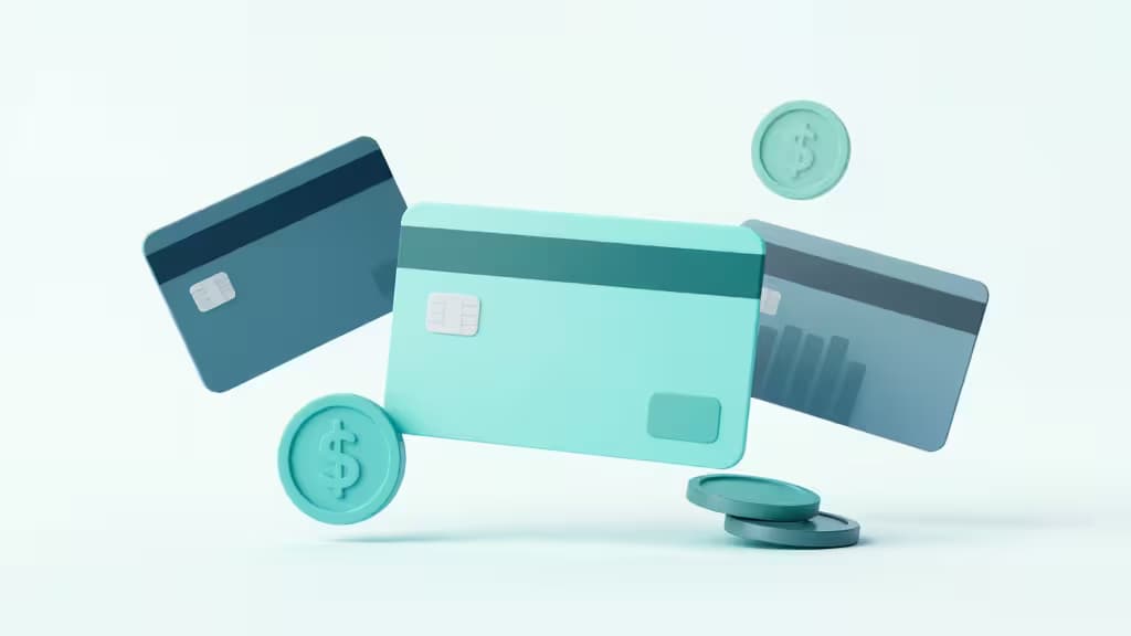 Abstrakte Darstellung eines Finanz-Dashboards mit schwebenden geometrischen Formen in Teal- und Marineblau-Tönen