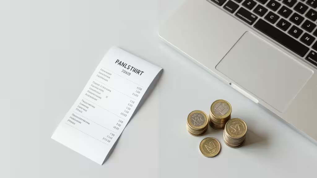 Abstract flat-lay of business tools with coins split into four groups, representing installment payments for small business purchases.