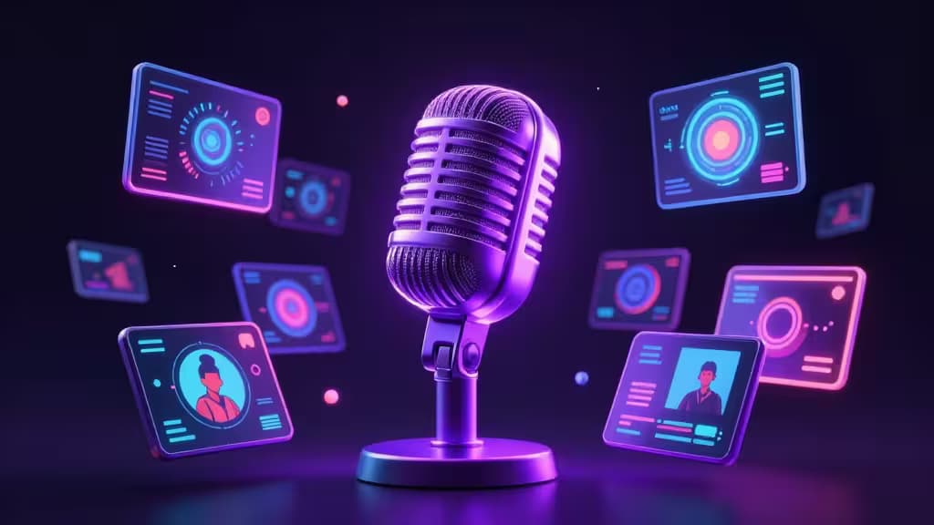 Neon microphone surrounded by floating holographic screens displaying AI-generated content and streaming interfaces.