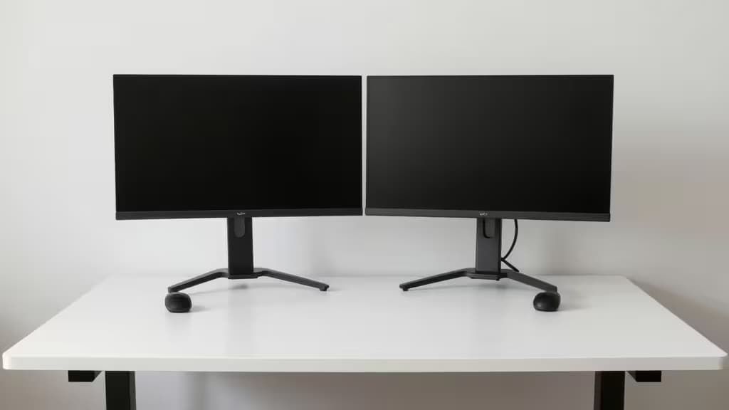 Two black monitors sit side-by-side on a white standing desk converter, showcasing a clean, modern dual-monitor workspace setup.