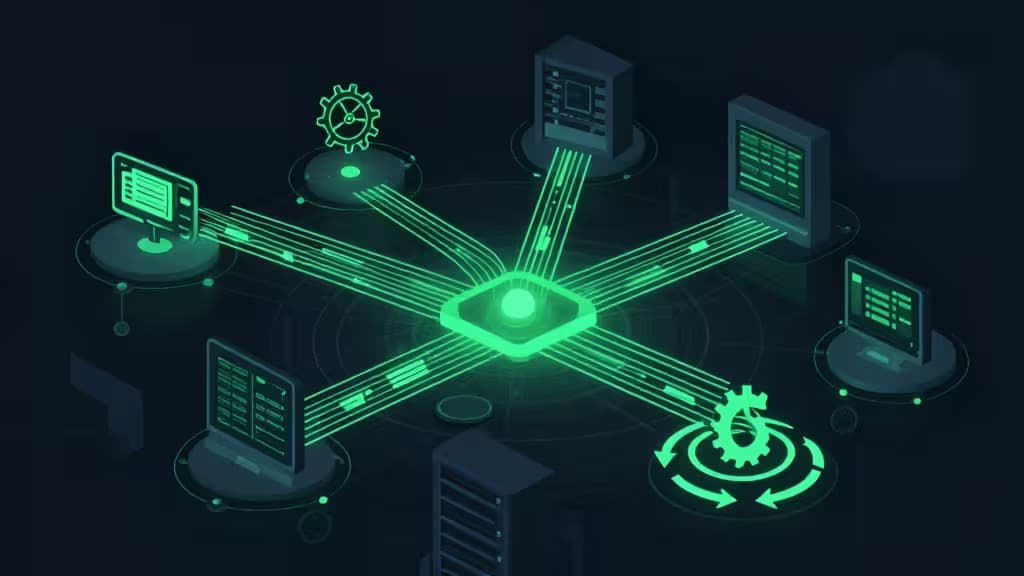 Illustrazione astratta di un sistema di elaborazione di background job per Node.js: nodi interconnessi e code di dati che fluiscono attraverso un'infrastruttura server, con flussi luminosi verdi e ingranaggi di scheduling.