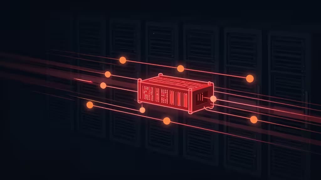 Abstract illustration of glowing red and orange data nodes connected by light trails across a dark server rack silhouette, representing fast in-memory caching and managed cloud infrastructure.