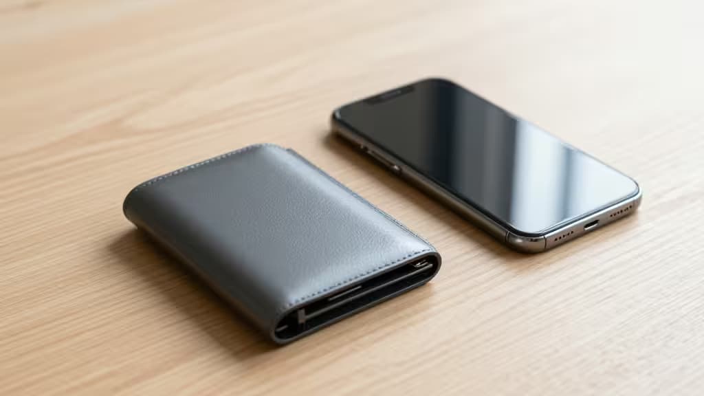 Gray leather wallet and smartphone rest on light wood surface, symbolizing secure crypto storage.