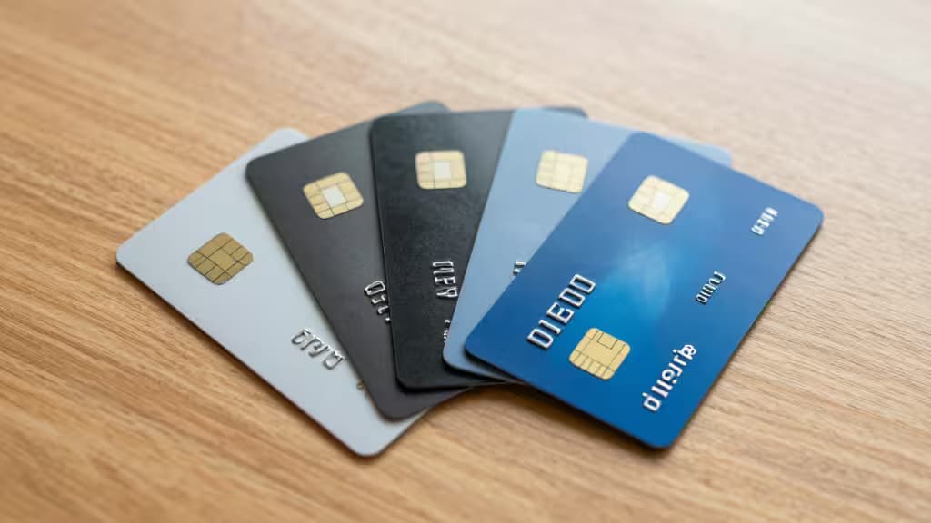 Five credit cards fanned on wood surface, showcasing varied designs and chip technology.