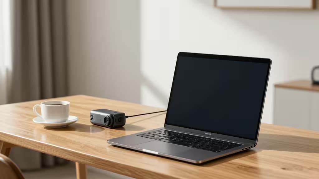 Un laptop argentato, una webcam nera e una tazza di caffè bianca su un tavolo di legno chiaro, con un monitor portatile affiancato.