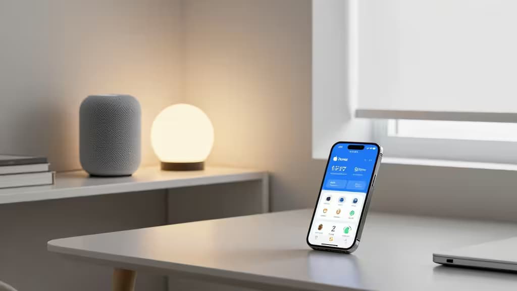 Un iPhone affichant l'application Apple Home posé sur un bureau à côté d'une enceinte connectée et d'une lampe.