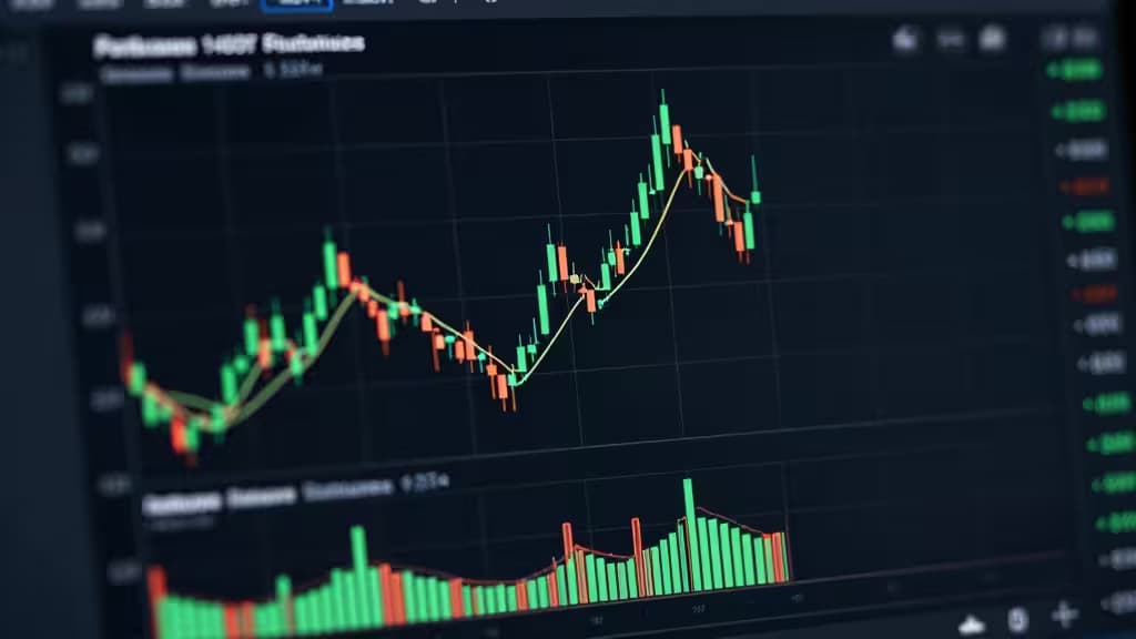 Digital screen displays green and red candlestick charts with volume bars on dark background.
