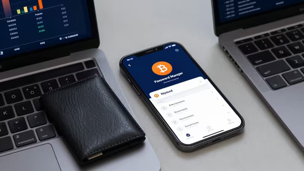 Smartphone displays crypto password manager app beside laptops and leather wallet.