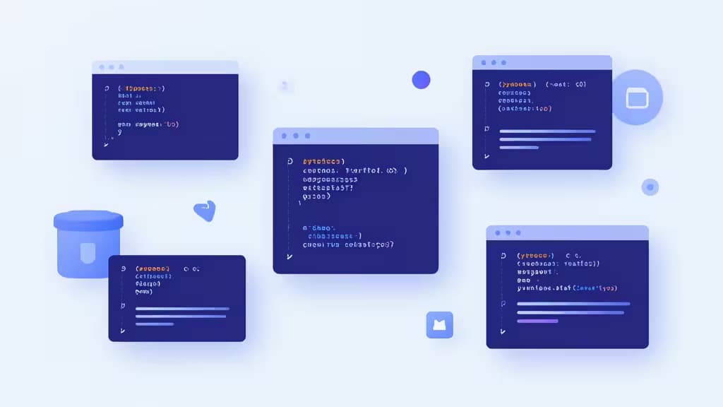 Floating terminal windows display Python code snippets against a soft blue gradient background.