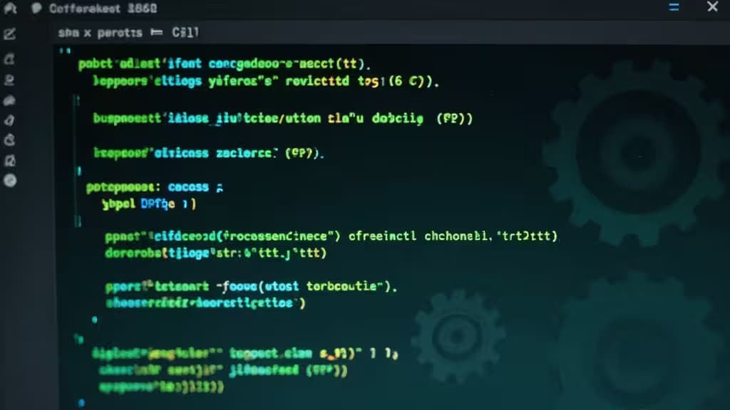 Dark-themed CLI interface with green code text and gear icons, symbolizing DevOps automation tools.