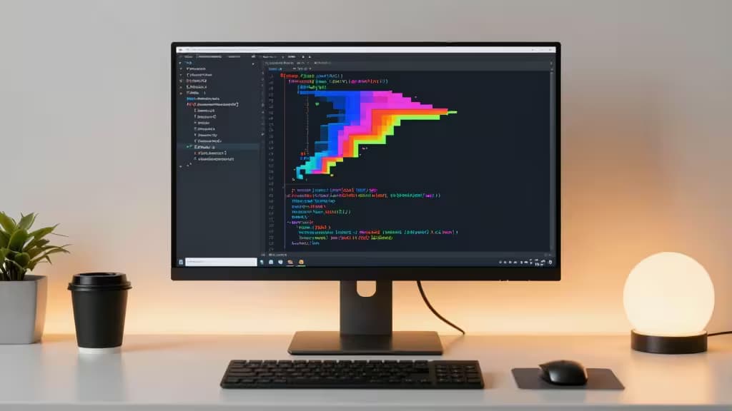 A sleek monitor displays vibrant TypeScript code coverage metrics, flanked by a coffee cup and ambient lamp.