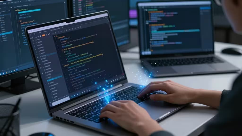Desarrollador escribiendo código en un portátil con sugerencias de IA brillando como chispas azules sobre el teclado, rodeado de múltiples monitores en un escritorio moderno.