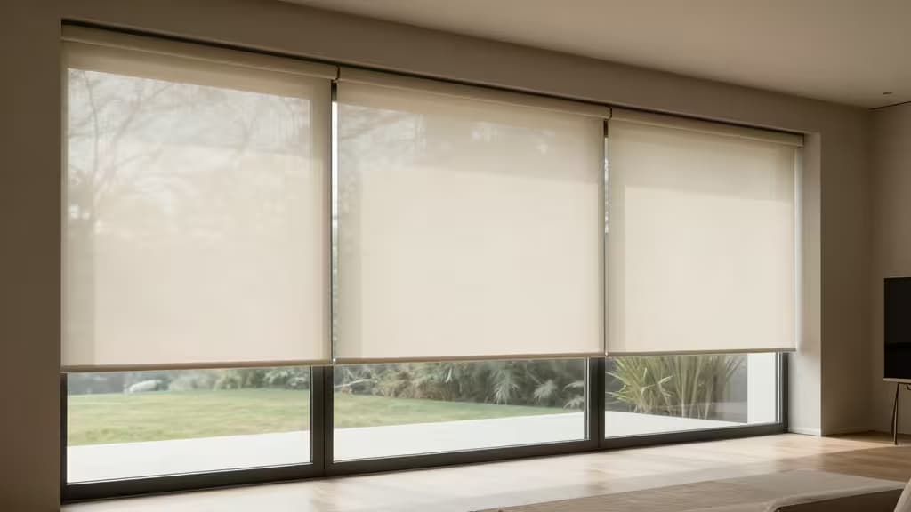 Motorized beige roller shades cover floor-to-ceiling glass doors in a modern living room.