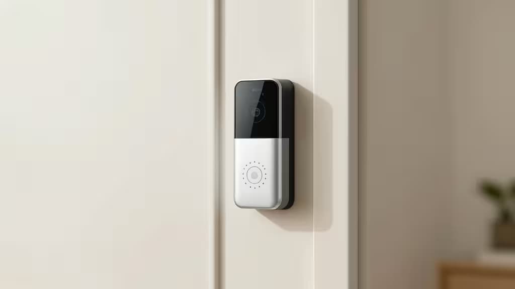 A sleek, wireless video doorbell mounted on a white door, showcasing its easy, drill-free installation.