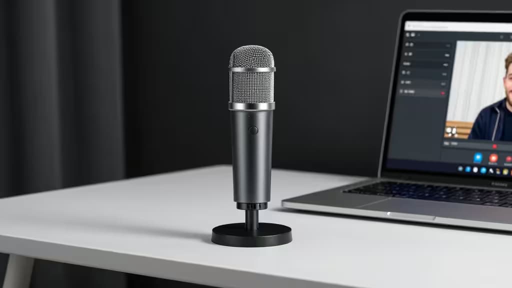 Czarny mikrofon USB z metalową kratką na białym biurku obok laptopa z oknem rozmowy wideo.