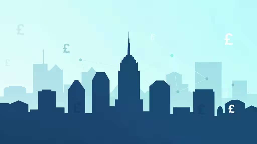 Blue London skyline with floating pound symbols and network lines.