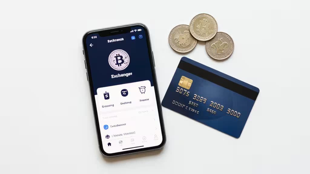 Smartphone displays crypto exchange app beside Polish coins and blue credit card on white surface.