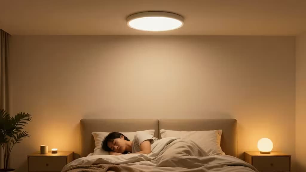 A person sleeps peacefully under warm, dim smart lighting in a minimalist bedroom.