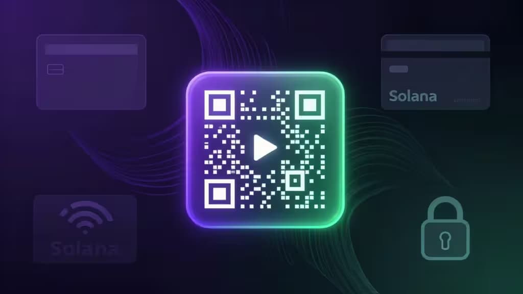 Abstracte Solana crypto wallet: glinsterend hardware-apparaat met QR-codes, paarse en groene gradiënten, NFC-kaart en digitaal slot.