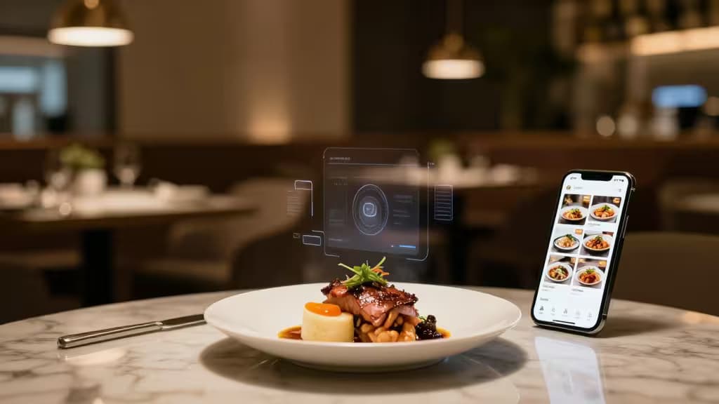 Platillo gourmet sobre mesa de mármol junto a un teléfono que muestra fotos de comida, con interfaz de IA holográfica flotando sobre la escena.