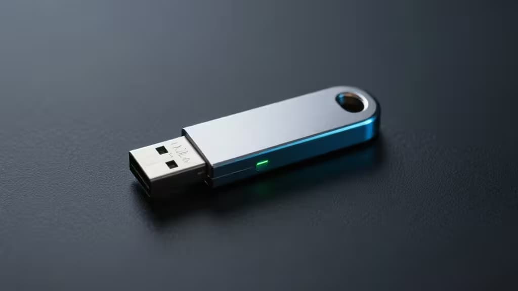 暗い表面に置かれたメタリック製USBセキュリティキーの抽象的なプロダクト写真