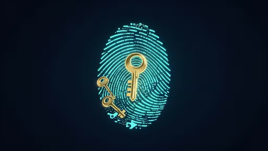 Ilustración abstracta de seguridad digital: una huella dactilar luminosa que se transforma en formas de llaves criptográficas sobre fondo azul oscuro con acentos turquesa y dorados.