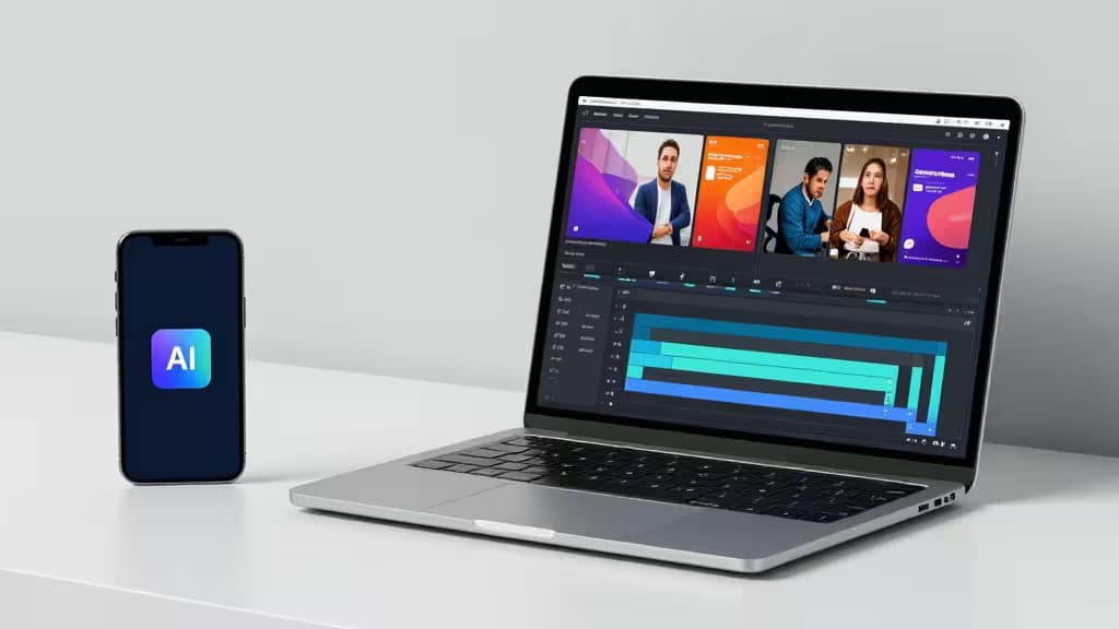 Srebrny laptop wyświetla interfejs edycji wideo AI obok smartfona z ikoną "AI" na białym biurku.