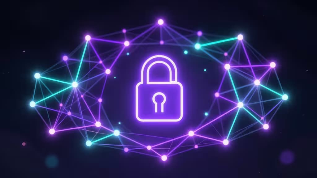 Réseau de nœuds lumineux violets et turquoise connectés par des lignes d'énergie, avec un cadenas stylisé au centre, représentant la sécurité du staking Solana.