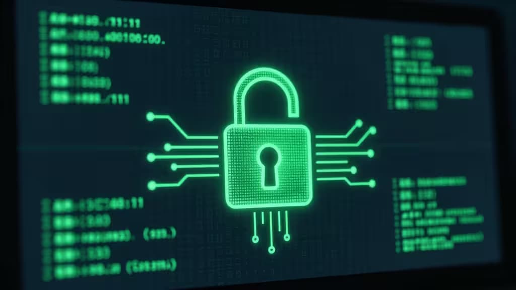 Glowing green digital padlock with circuit lines overlays code on a dark screen.