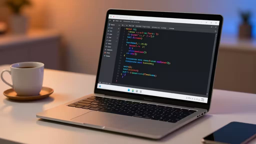Silver laptop displays Rust code on dark IDE, beside white coffee cup on wooden desk.