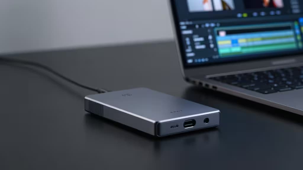 Een portable SSD op een donker bureau naast een laptop met een videobewerking-timeline, cinematografische belichting