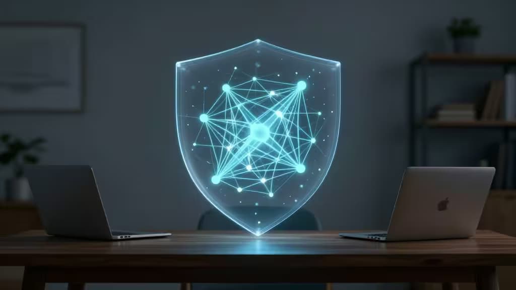Glowing neural network shield hovers above laptops, symbolizing secure offline AI tools.