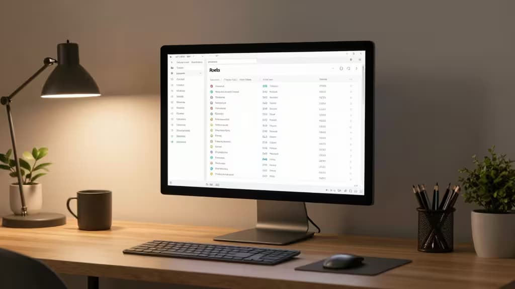 Modern desk setup with Redis GUI displayed on monitor, flanked by lamp and plants.