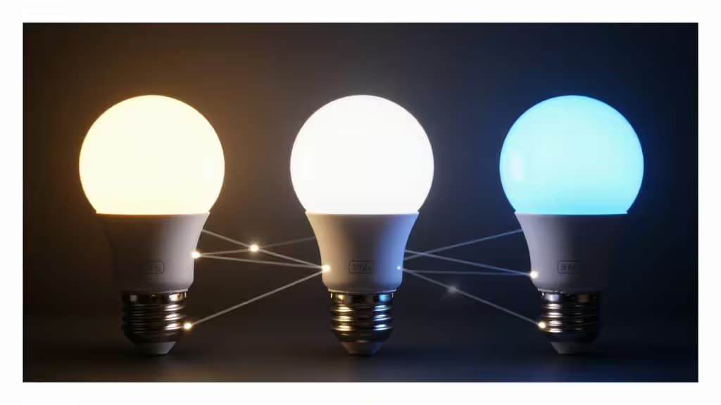 Trois ampoules connectées lumineuses — blanc chaud, neutre et froid — reliées par des lignes lumineuses symbolisant le réseau Matter sur fond sombre.