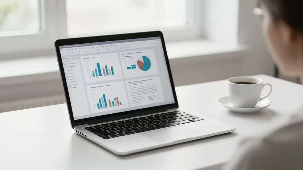 Een persoon werkt op een laptop met datagrafieken, met een koffiekopje erbij, in een lichte, moderne werkruimte.