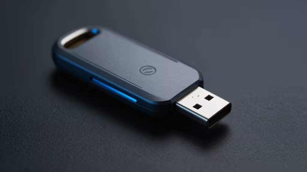 Matte black USB security key with blue accent and logo rests on dark textured surface.