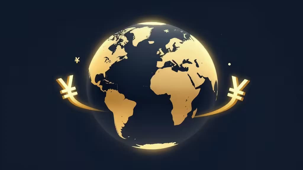 Illustrazione editoriale di un globo luminoso con simboli valutari dorati che attraversano i confini, stile minimalista con palette navy e oro.