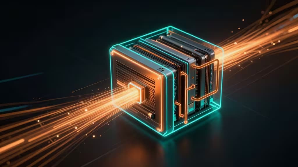 Abstract illustration of high-performance web server architecture with glowing data streams flowing through geometric pipeline nodes in orange and teal
