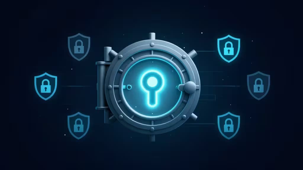 A glowing key icon inside a metallic vault door, surrounded by floating shield-and-lock symbols on a dark blue background.