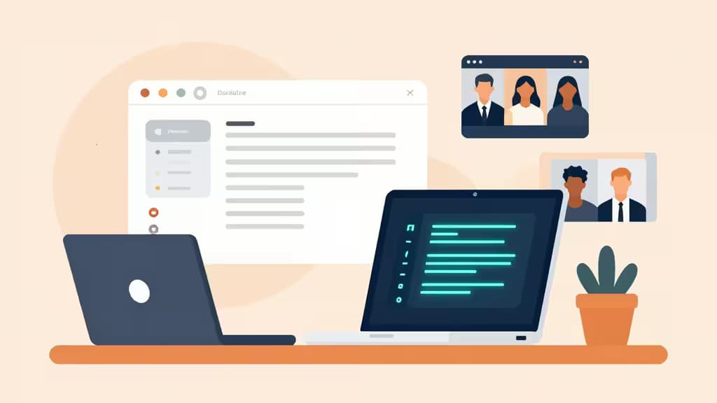 Flat-Illustration zeigt Laptops mit Code und Videoanrufen auf einem Schreibtisch, symbolisiert KI-Tools für Startup-Gründer.