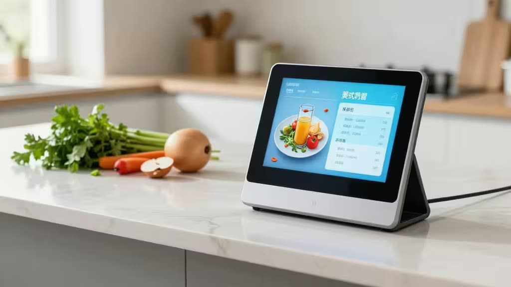 A sleek smart display shows a recipe on a marble kitchen counter beside fresh vegetables.