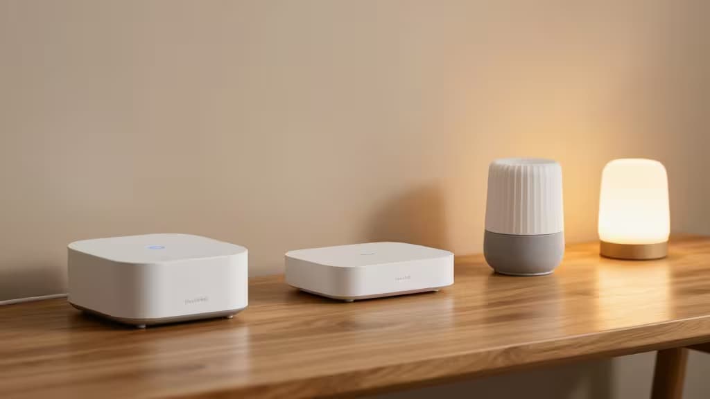 Three smart home hubs rest on a wooden surface, showcasing sleek designs and ambient lighting.
