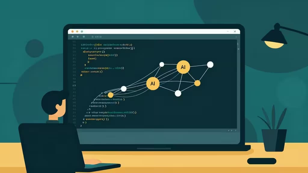 A developer views AI coding agents on a laptop screen, surrounded by code and network diagrams.