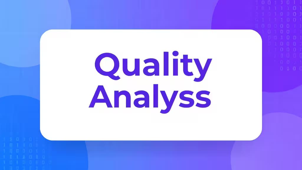 Abstract geometric shapes in blue and purple tones representing code quality analysis, with a white rounded rectangle reading 'Quality Analys' in purple text.
